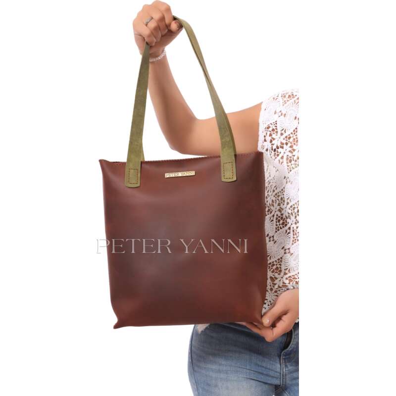 Brown Tote Bag with Olive Green Handles