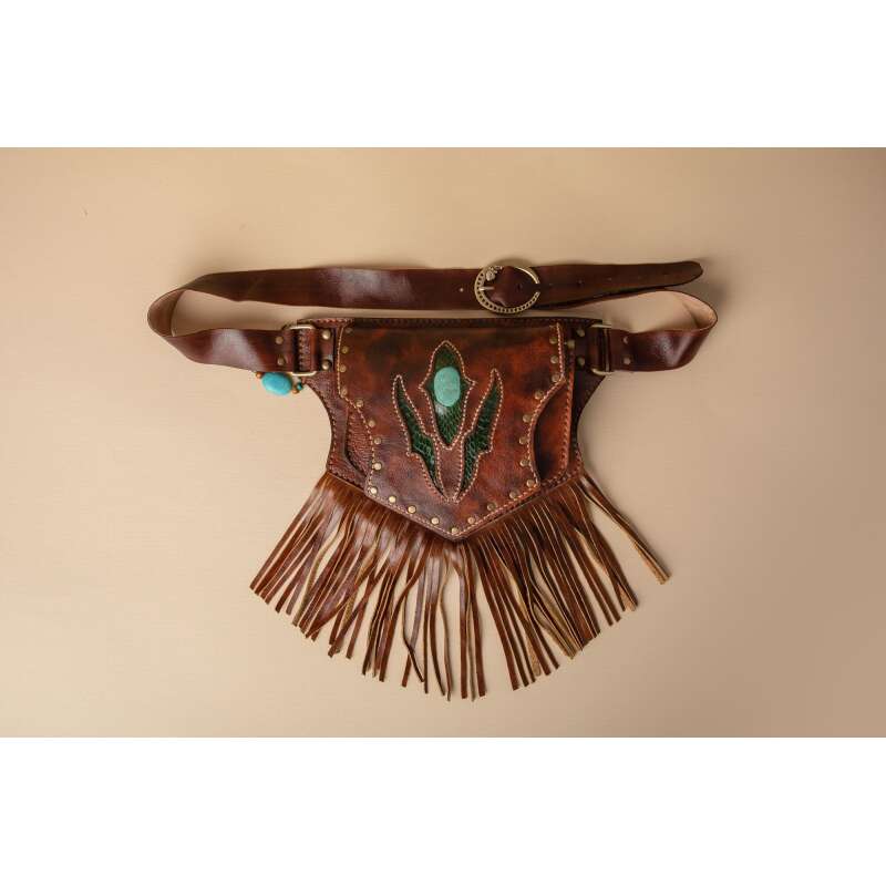 Brown Boho Waist Bag with Green Snakeskin Accents