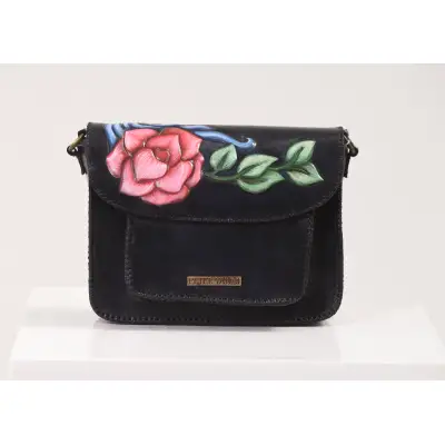 Pink Rose on a Blue Black Crossbody Bag